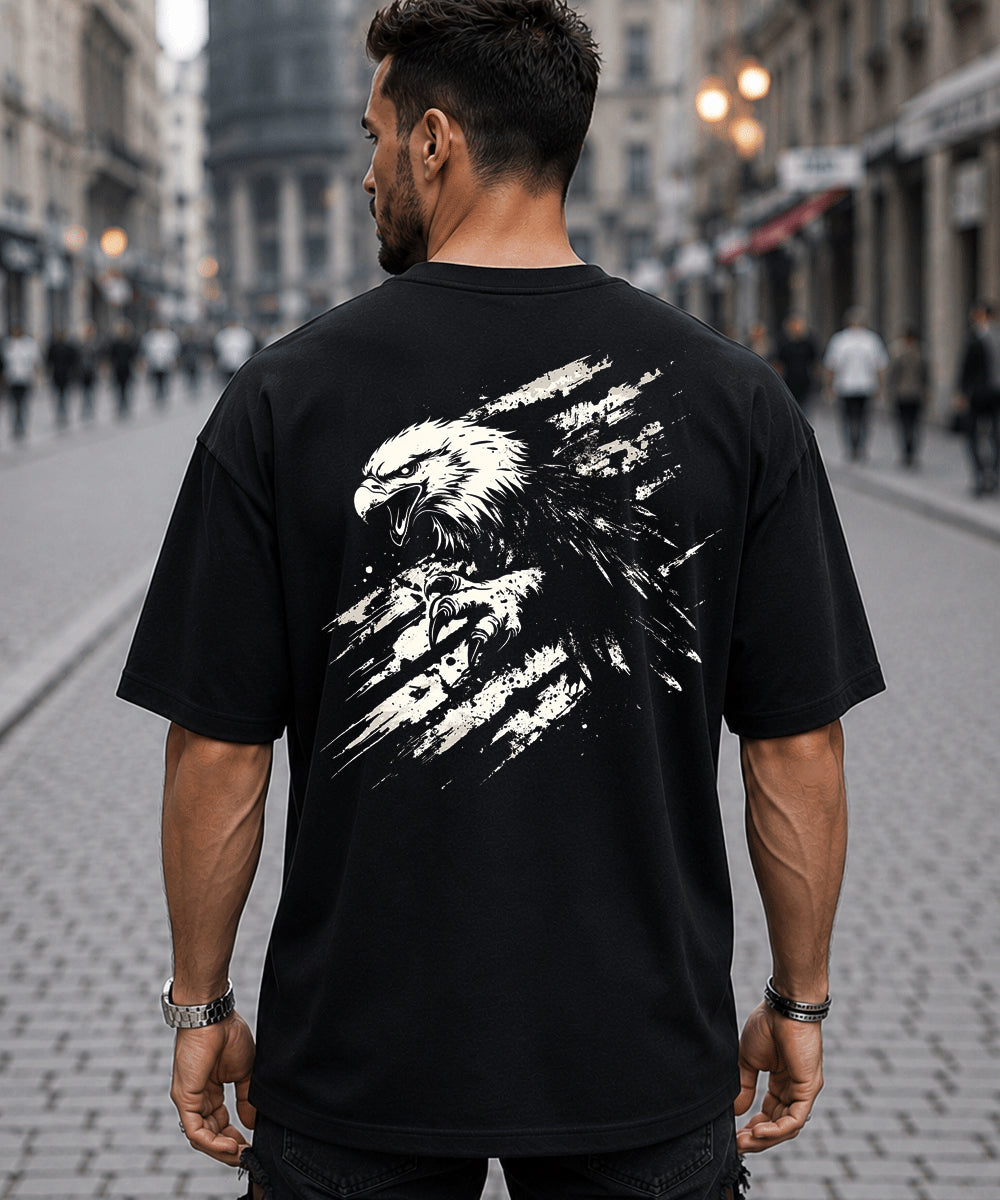 Black oversized t-shirt with eagle graphic print, PYN8