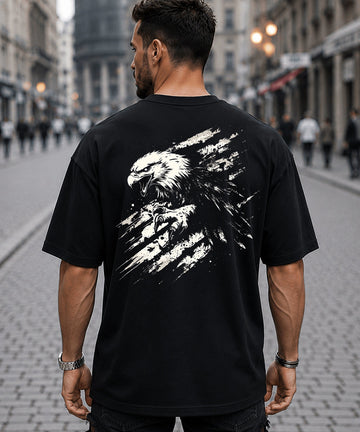 Black oversized t-shirt with eagle graphic print, PYN8